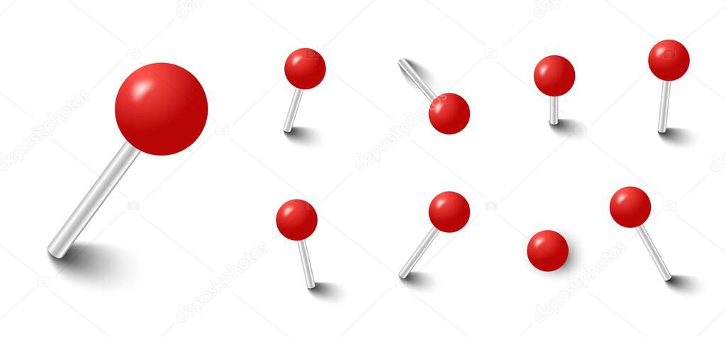 Red push pins. Pinned office thumbtack. Vector pushpin attach collection