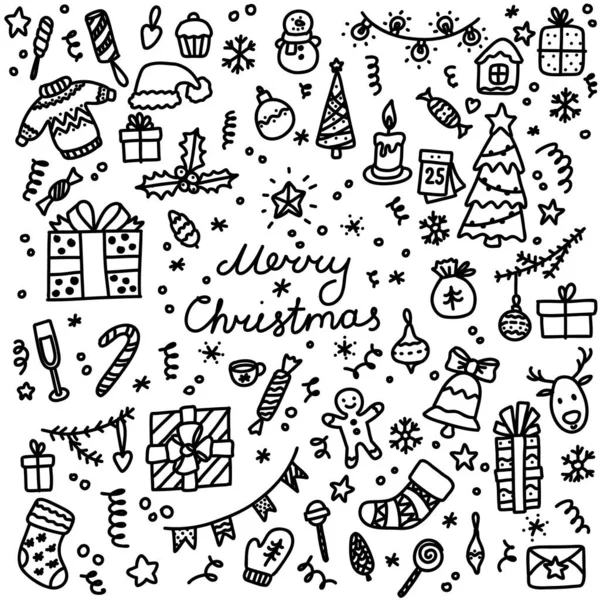 Doodle iconos de Navidad. Objetos de invierno dibujados a mano Vector divertido año nuevo elementos — Vector de stock