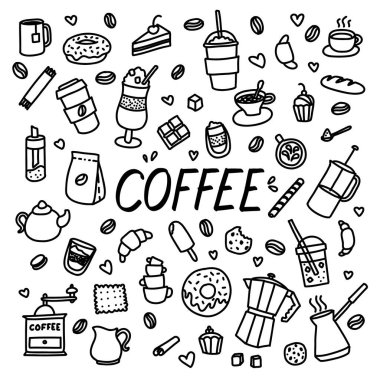 Kahve karalamaları. Kafe menüsü için el yapımı içecekler ve fırın. Vektör karikatür çizimi