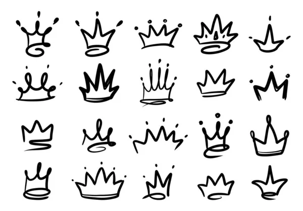 Doodle rei rainha coroa. Conjunto preto logotipo desenhado à mão. Conceito de esboço do reino vetorial. — Vetor de Stock