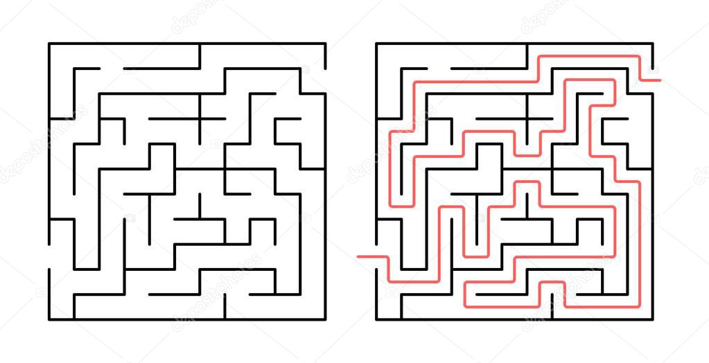 Labyrinth. Maze game with solution. Vector rebus for kids. Logic how to find quiz.