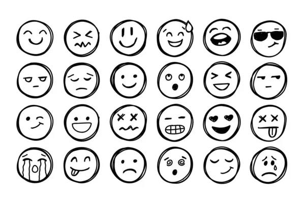 Sorrisi disegnati a mano. Doodle emozioni facce. Freehand vettoriale carino emoticon collezione — Vettoriale Stock
