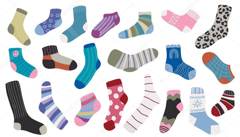 Cotton and woolen socks. Stylish clothing items. Vector knitwear trendy sock collection