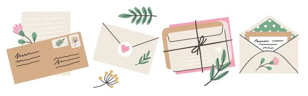 Buste Doodle. Lettere di carta artigianale sigillate o aperte. Marchi postali di lettere vettoriali e cartoline — Vettoriale Stock