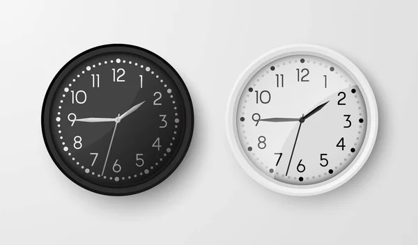 Relojes de pared. Reloj analógico blanco y negro de oficina. Relojes círculo vectorial — Vector de stock