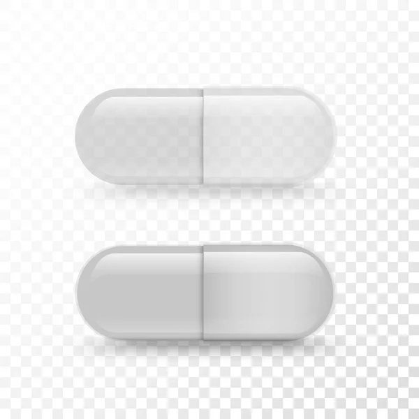 Cápsula vacía. Píldora de vitamina maqueta. Medicamentos farmacológicos blancos realistas vectoriales. — Vector de stock
