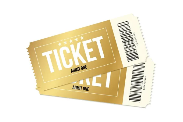 Δύο χρυσά εισιτήρια κινηματογράφου. Χρυσές ταινίες ή κουπόνια θεάτρου. Δύο ρεαλιστικά διανυσματικά πρότυπα εισιτηρίων — Διανυσματικό Αρχείο