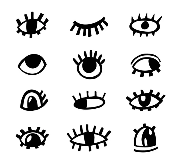 Verrückte Augen. Doodle open eye set. Abstrakte handgezeichnete lustige geometrische Sammlung. Vektorschwarze Elemente — Stockvektor