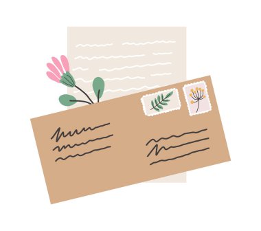Karalama zarfları. Kağıt mektuplar mühürlendi ya da açıldı. Vektör mektupları ve kartpostallar