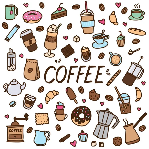 Coffee sticker set. Cute doodle colorful collection for cate menu or scrapbooking, greeting card, posters and bullet journals — ストックベクタ