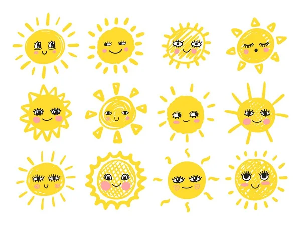 Funny lindo atardecer. Felices personajes del sol sonriente. Vector dibujado a mano garabato icono soleado — Archivo Imágenes Vectoriales