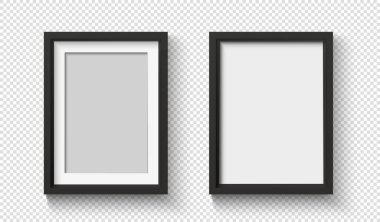 Resim için duvarda siyah bir çerçeve. Gerçekçi boş basit bir fotofram. Gölgeli 3D poster.