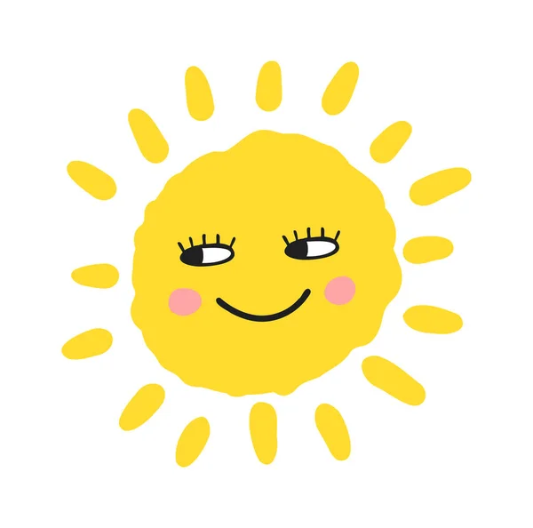 Lustige süße Sonne. Happy Smiley Sonne Charakter. Vector handgezeichnetes Doodle sonniges Symbol — Stockvektor