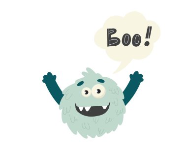 Sloganlı canavar baskısı. Moda kumaşları, tekstil grafikleri, baskılar için çizgi film karakter tasarımı