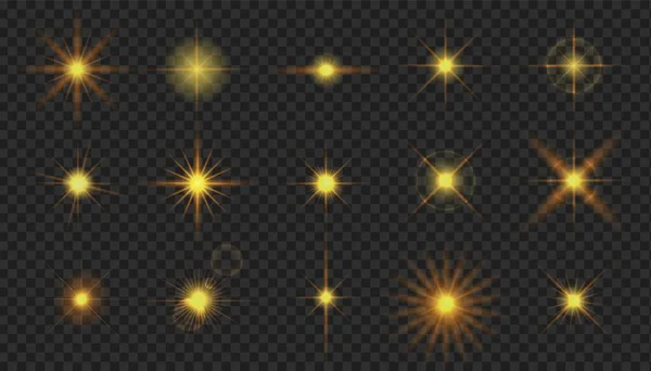Flash câmera efeito de luz. Estrelas cintilantes realistas. Conjunto de elementos de brilho vetorial —  Vetores de Stock