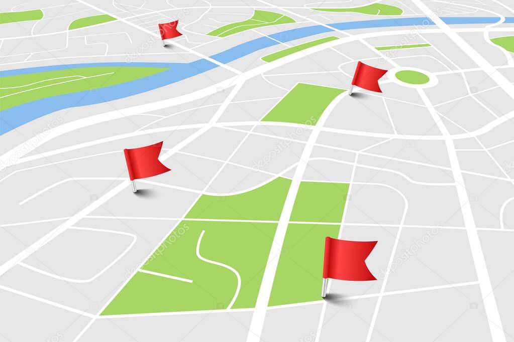 City map with location. Vector town plan with pin for gps route. Cartography backround red navigation pointers