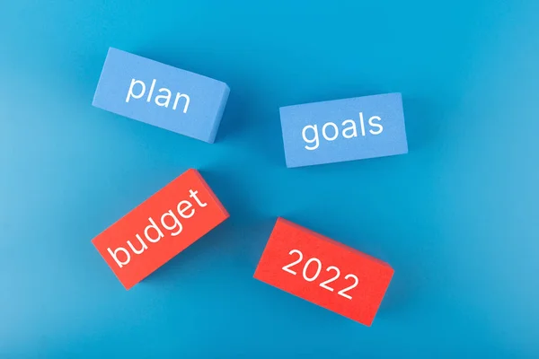 İş planı 2022. Bütçe, plan, 2022 hedefleri koyu mavi arka planda renkli dikdörtgenlere yazılmış. 2022 için mali hedefler
