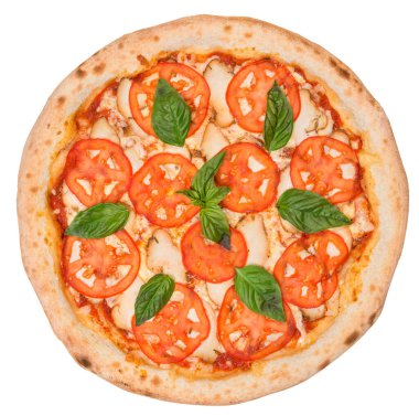 Lezzetli İtalyan klasik orjinal biberli pizza. Üst Manzara. Beyazda izole edilmiş