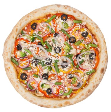 Lezzetli İtalyan klasik orjinal biberli pizza. Üst Manzara. Beyazda izole edilmiş
