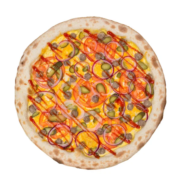 意大利味道鲜美的原汁原味的意大利辣香肠披萨 顶部视图 与白种人隔离 — 图库照片