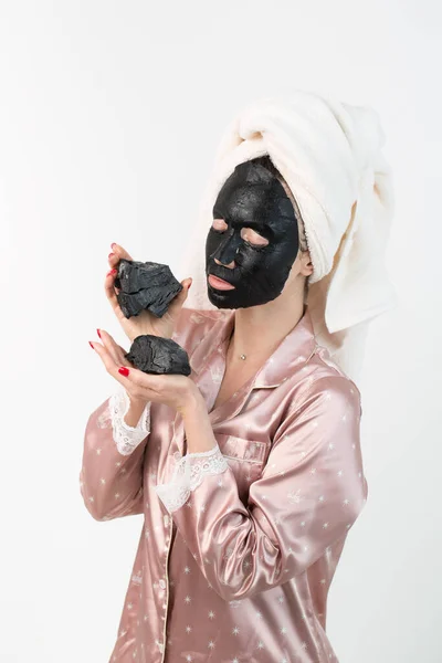 Face Care Beauty Treatments Woman Sheet Moisturizing Charcoal Mask Her — Stock Photo, Image