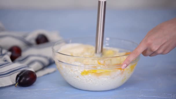 Uma Dona Casa Chicoteia Queijo Cottage Ovos Galinha Com Liquidificador — Vídeo de Stock