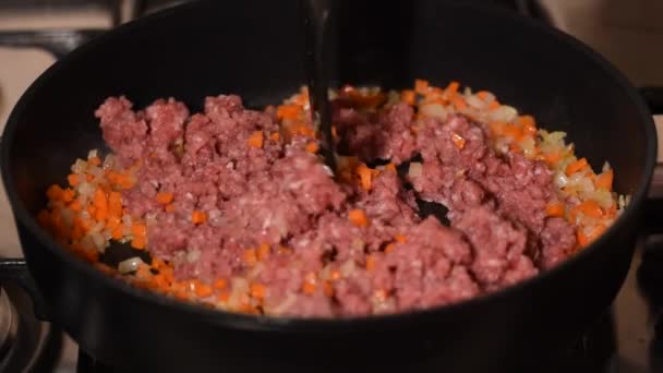 Freír Una Carne Picada Con Aceite Vegetal Cebollas Zanahorias — Vídeo de stock