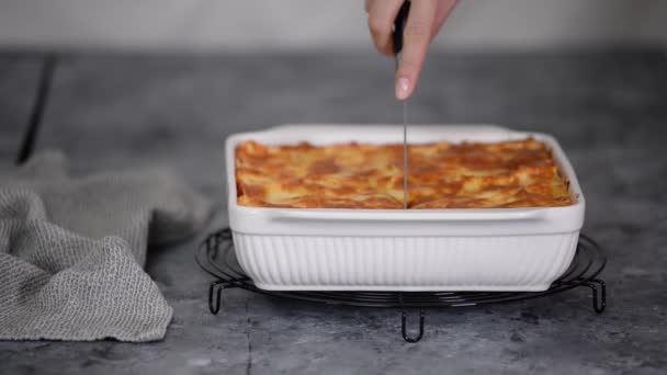 Ręcznie krojąc domowej roboty lasagne kurczaka świeżo upieczone. — Wideo stockowe