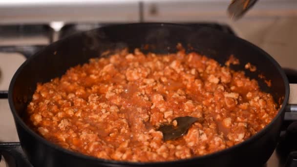 Memasak saus daging bolognese di panci. — Stok Video