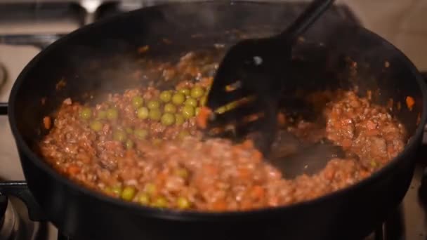 Donna che frigge carne macinata con verdure mescolandolo in padella. — Video Stock