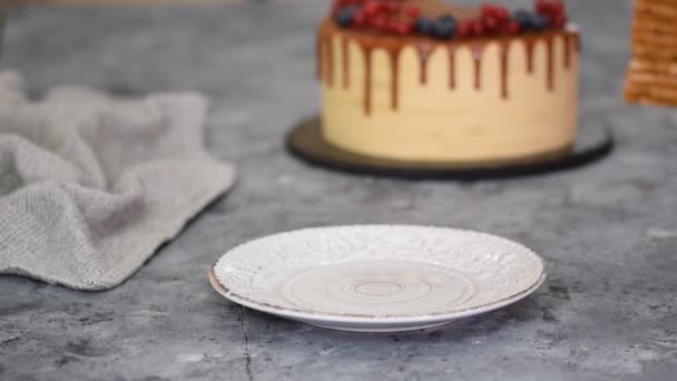Кусок карамельного пирога, украшенного ягодами. — стоковое видео