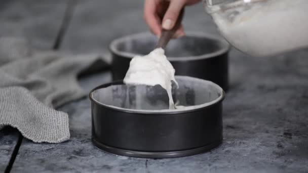 As mãos femininas põem o merengue na assadeira. Preparando um delicioso bolo de Kiev. — Vídeo de Stock