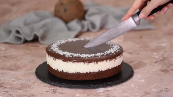 Delicious Chocolate Cake Sprinkled Coconut Top — Stock Video