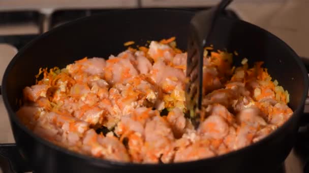 Stewing Minced Chicken Onions Carrots Fried Vegetable Oil Pan — Stockvideo