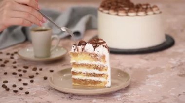 Tabakta bir parça Tiramisu keki.