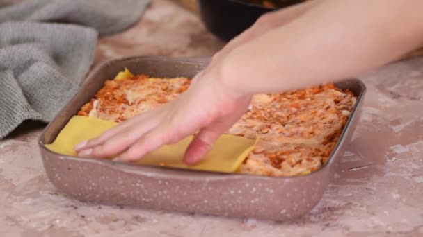 Mujer cocina casera clásica lasaña boloñesa. — Vídeo de stock