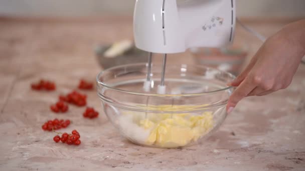 Woman Whisk Soft Butter Sugar Mixing Cookie Ingredients Bowl Baking — Stock Video