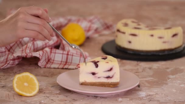 Bit Cheesecake Med Körsbär — Stockvideo