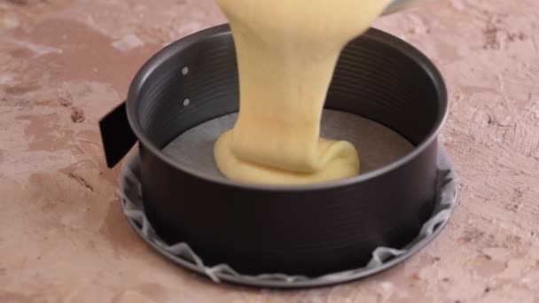一步一步 把蛋糕面糊倒在准备烘焙的蛋糕锅里 — 图库视频影像