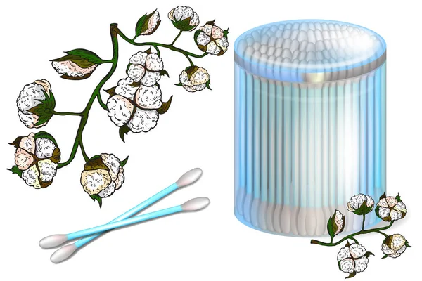 Ilustração vetorial realista dos botões de algodão recipiente de plástico e flores Algodão. Palito de algodão. Ferramenta para limpeza de cera e cuidados pessoais das orelhas. — Vetor de Stock