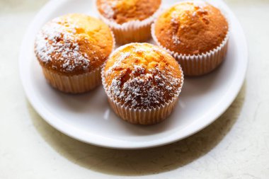 Sweet muffins with powdered sugar and blossoms. Homemade bakery. Muffins in white capsules decorated with fruit tree flowers. Spring time bakery.