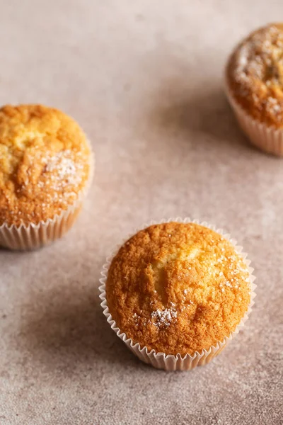 Sweet Muffins Powdered Sugar Homemade Bakery Muffins White Capsules — Stockfoto