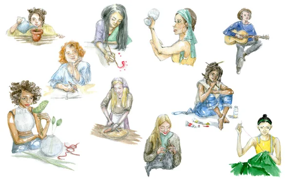 Set di personaggi femminili disegnati a mano ad acquerello, isolati su sfondo bianco. Immagine artistica di persone hobby, professione, stile di vita. Maglietta, ricamo, cuoco, barista, fioraio, giardiniere, musicista — Foto Stock