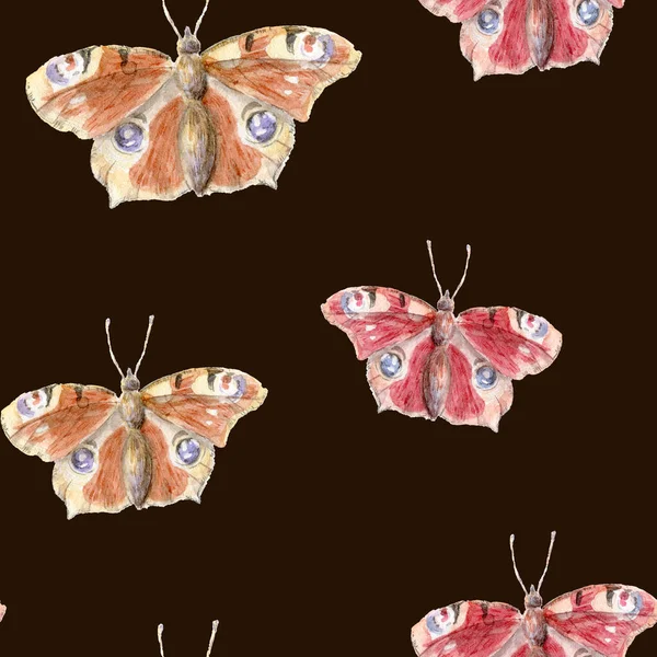 Handgemaltes Aquarell mit nahtlosem Muster von Pfau-Schmetterling Cliparts auf dunklem Hintergrund. Naturdarstellung im Boho-Stil auf realistische Weise. — Stockfoto