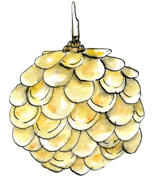 Aquarela elegante bola de ouro de Natal. Brinquedo de Ano Novo isolado em fundo branco. Decoração estética para as férias. — Fotografia de Stock