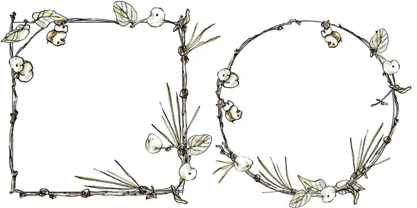 Akvarell uppsättning dekorativa ram och krans av torkade snöbär med grenar, akvarell illustration i skiss stil. Vinter blommig gräns med copyspace, isolerad på vit bakgrund. — Stockfoto