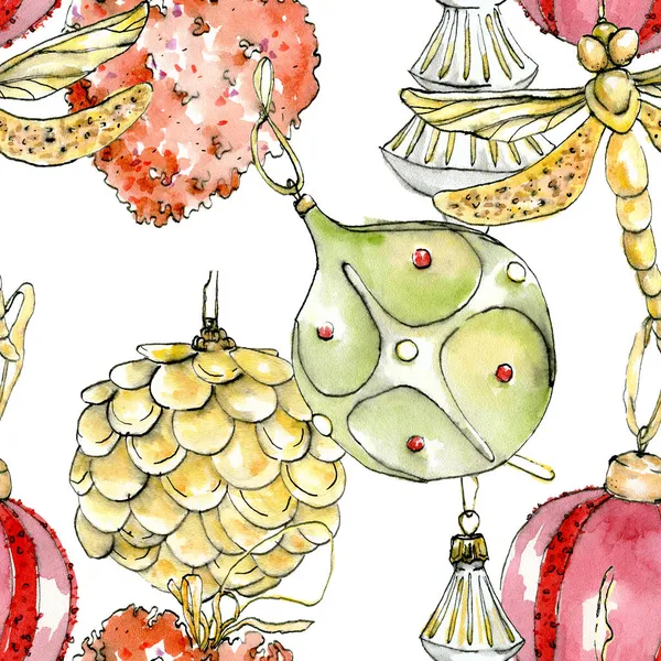 Акварель бесшовная картина иллюстрация рождественских разноцветных шаров украшения. Заполненный, на белом фоне. — стоковое фото