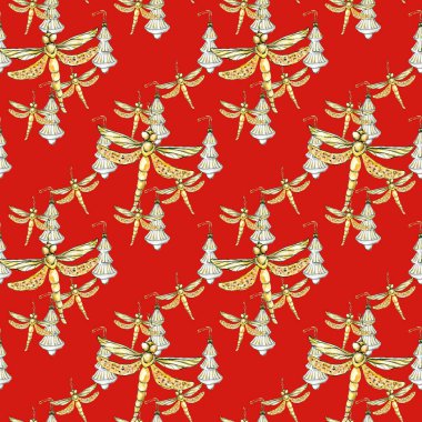 Suluboya desensiz Noel oyuncakları, altın sarısı, her zaman yeşil ağaçlı beyaz ve kırmızı arka planda izole edilmiş siyah çizgili yusufçuk. Kış kusursuz desen.