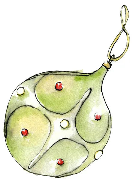 Akvarell elegáns karácsonyi zöld dekoráció labda. Pasztell újévi játék elszigetelt fehér háttérrel. Esztétikai dekoráció. — Stock Fotó