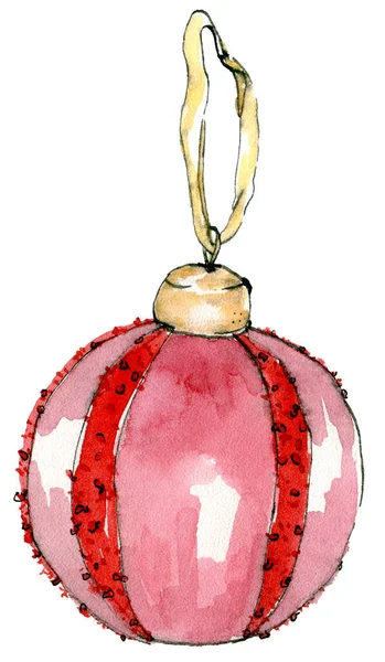 Akvarell elegáns karácsonyi gyűjteménye piros-rózsaszín dekorációs labda. Pasztell újévi játék elszigetelt fehér háttérrel. Esztétikai dekoráció az ünnep — Stock Fotó